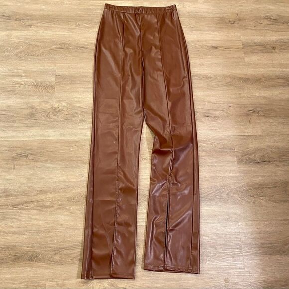 PRETTYLITTLETHING CHOCOLATE FAUX LEATHER SEAM DETAIL SPLIT HEM TROUSERS 8 NWT - Picture 10 of 16